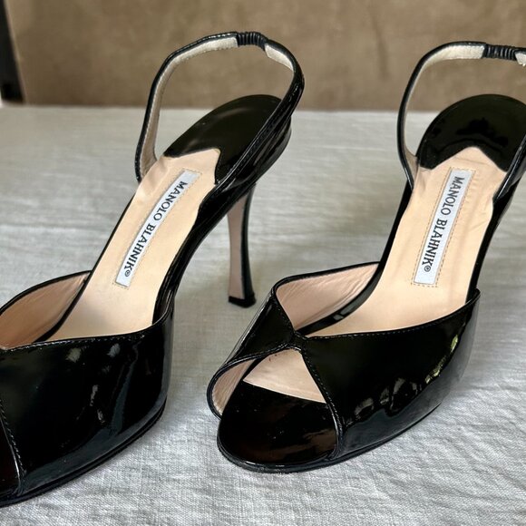 Manolo Blahnik Black Patent Slingback Heels Open Toe Peep Toe 38.5 / US 8.5 - Picture 4 of 9